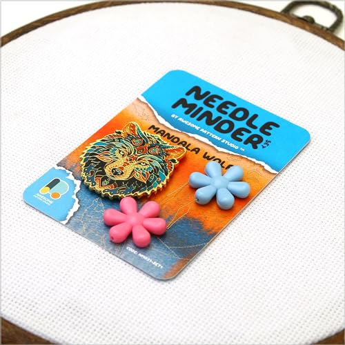 Awesome Pattern Studio Needle Minder Set - Mandala Wolf Magnetic Needle Minder + 2 Needle Threaders. Enamel Pin for Cross Stitch, Embroidery and Craft