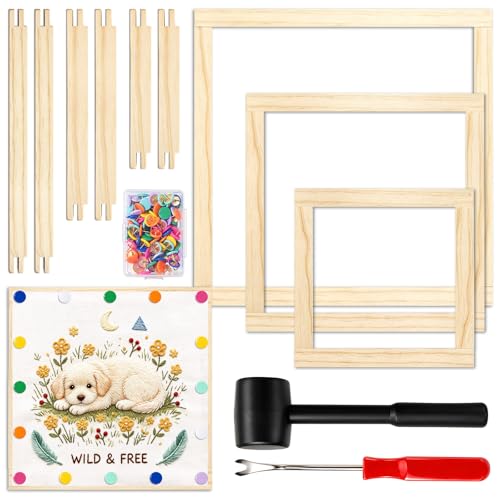 12pcs Stretcher Bars for Needlework, 3 Sizes Wooden Canvas Needlepoint Stretcher Bars with 100 Thumb Tacks, Hammer, Pry Tool for Needlepoint Embroidery Stitch Frame Set Bundle with Crafts - size: Small - 6 8 10 inch