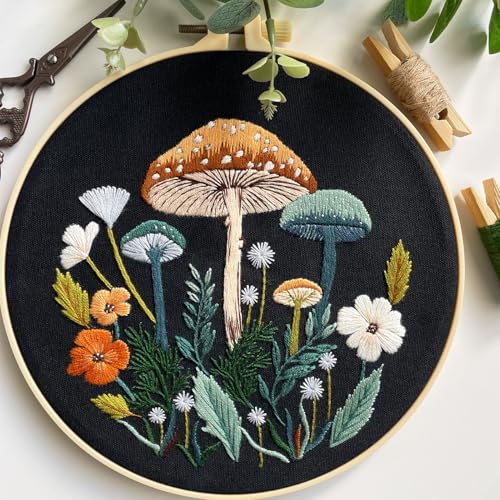 Myfelicity Embroidery Kit with Mushroom Patterns, 3 Hoops, Fabric, Threads, Needles, Instructions (Colorful) - color: colorful