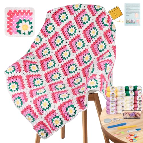 Coopay Crochet Kit for Beginners, Easy 3D Granny Square Blanket Kit, Pink - color: Pink- 3D Daisy