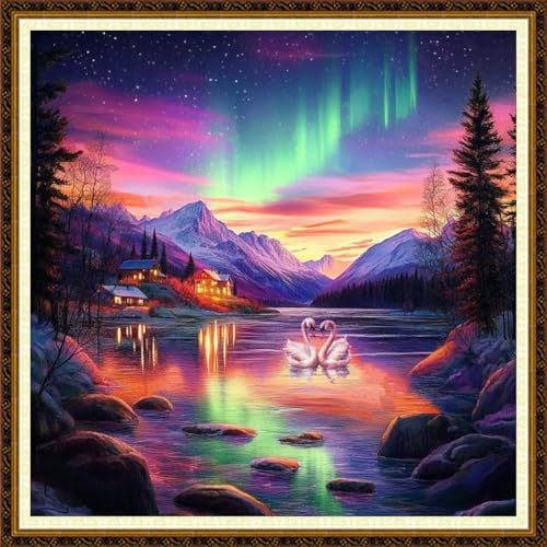 Redxing Counted Cross Stitch Kit for Beginners,Unprinted Needlepoint Kits for Beginners Cross Stitching Embroidery Kit 11CT Stitches kit-Swan Lake Aurora 18x18 inch - color: KitColors03