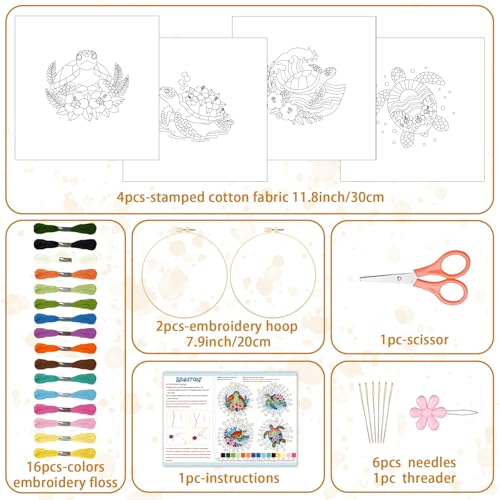 BEUNITONE 4 Sets Sea Turtle Embroidery Kits for Beginners DIY Craft Kits for Adults with Printed Patterns, Hoops and Instructions, Hibiscus Flower Needlepoint Kits for Clothing and Home Decor - style: A-Sea Turtle