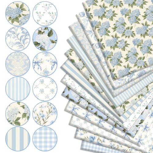 JarThenaAMCS 12 Pcs Hydrangea Cotton Fabric Bundles 10 x 10 Inch Watercolor Dusty Blue Floral Fabric Squares Flower Plaid Stripe Spring Sewing Fabrics for DIY Craft Party Decor - size: 10 x 10 inch