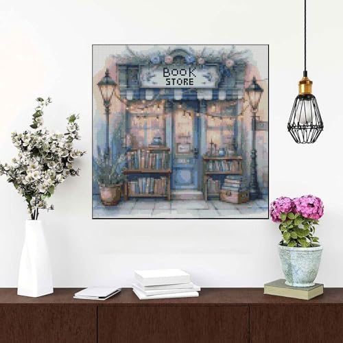 MYBISYMQQ Book Store Cross Stitch Kits for Adults,11CT Stamped Cross Stitch Kits for Beginner,DIY Needlepoint Embroidery Patterns Kits Embroidery Patterns for Home Wall Decor 13.7x13.7 inches - color: D068