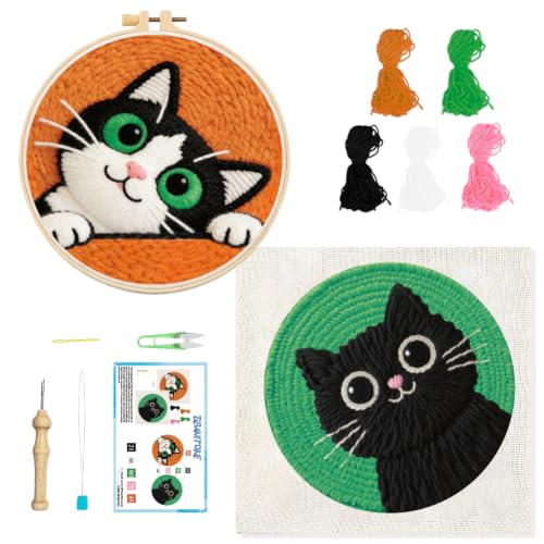 BEUNITONE 2Pcs Cute Cat Punch Needle Kit for Beginners, Starter Embroidery Kits with Frame & Instructions, Needle Felting Kit Poke Art for Adults DIY Handmade Craft for Coasters, Bags, Clothes Decor - color: 06-Peeking Cat