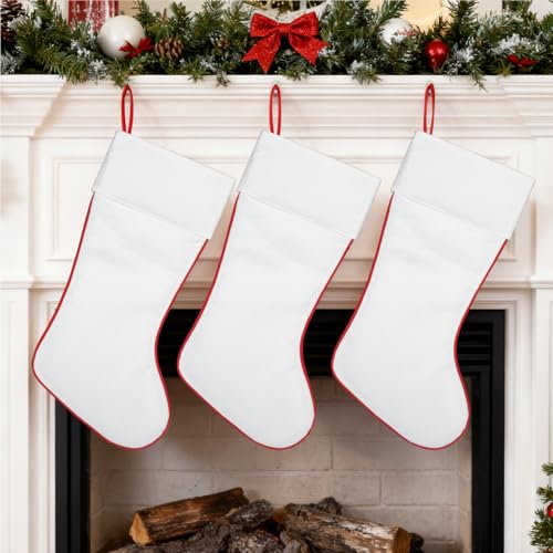 Blank White Christmas Stocking for Embroidery & DIY – Double Layer Linen Fabric with Red Trim, 17.7 Inch – Designed as a Customization Base for Creators & Small Businesses