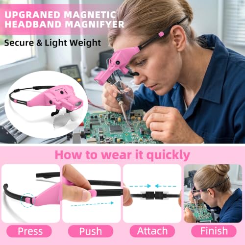 Magnifying Glass with Light 1X-4X, Rechargeable Magnetic Magnifier - color: Pink