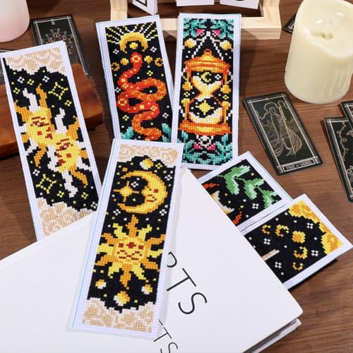 ORIGACH 6 Set Tarot The Sun and Star Cross Stitch Bookmark Kit for Beginner - style: Tarot