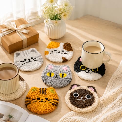 HGUANGJ Punch Needle Kit for Beginners Adults, Cat Coasters Kit with Adhesive Felt, Yarns, Embroidery Hoop for DIY Craft