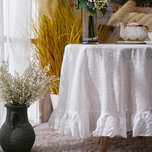 RTMAGIC Ruffle Cotton Tablecloth Circle White Embroidered Table Cloths - size: 43" (Round)