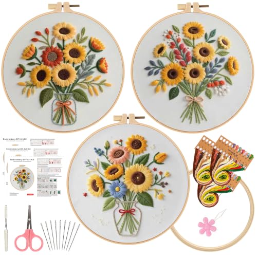 Herdiese Embroidery Kits for Beginners & Adults, 3 Sets Sunflower Patterns - color: Flower-D (3 Pack)