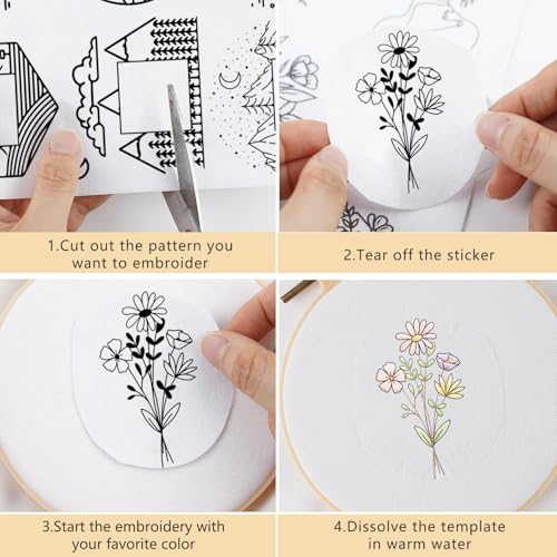 Water Soluble Embroidery Stabilizers for Hat, 4 Sheets Flower Stick and Stitch Embroidery Papers Wash Away, Pre-Printed Floral Farmhouse Pattern Transfers for Hand Sewing Lovers Beginners - size: Floral