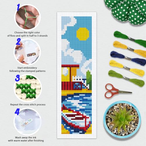 BEUNITONE 6 Pcs Summer Cross Stitch Bookmark Kits for Adults Beginners DIY Scenery Bookmarks Cross Stitch Kits with Instructions Bookmarks Punch Needle Kit for Book Lovers Reader Gift 8''x2.4'' - style: Coastal Scenery