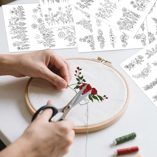 Flower Water Soluble Embroidery Patterns, 6 Sheets 48 Pcs Stick and Stitch Embroidery Papers, Wash Away Pre-Printed Floral Pattern Transfers Paper, Customized Gift for Hand Sewing Lover Beginners - size: Floral