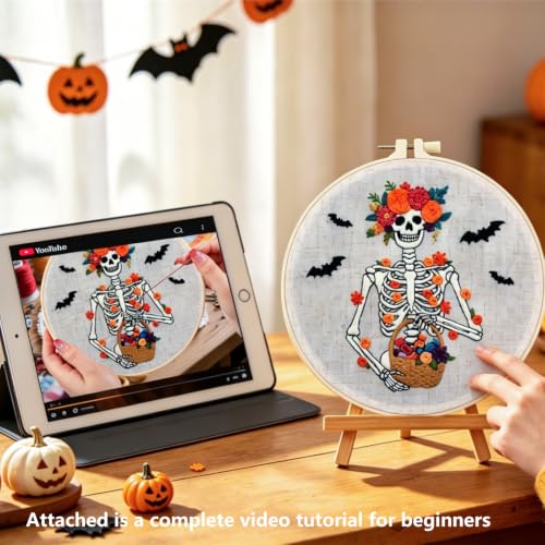 Halloween Embroidery Kits for Beginners Adults, Gothic Skeleton Embroidery Starter Kits, Halloween Cross Stitch Kits Needlepoint Kits for Adults Woman Gifts, Embroidery Hoop, Thread, Video Tutorial - color: H2101