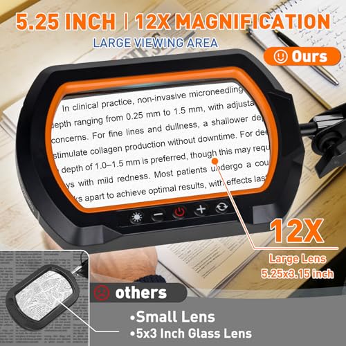 HITTI 12X Square Ultra Long Magnifying Glass with Light and Clamp - color: Yellow, size: 12X