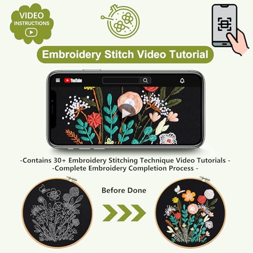 Santune 3 Pack Beginner Embroidery Kits for Adults DIY Starter Kit with 33 Stitch Techniques, Stamped Patterns, Embroidery Hoop, Colorful Threads,Stitch Video Tutorial - color: Practice Patterns