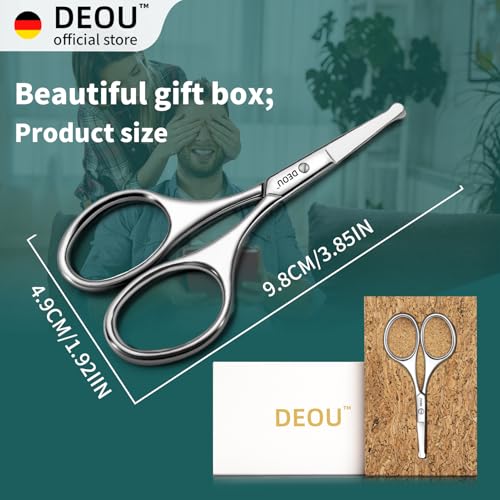 DEOU Silver Stainless Steel Round Nose Safety Scissors - Compact Facial Hair Trimming Tool for Men's Nose, Eyelashes, Eyebrows, Beard & Pet Grooming