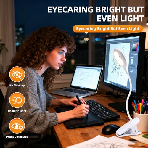 Akynite Clip on Light LED Desk Lamp 5 Brightness+5 Colors Rechargeable Lamp - color: White