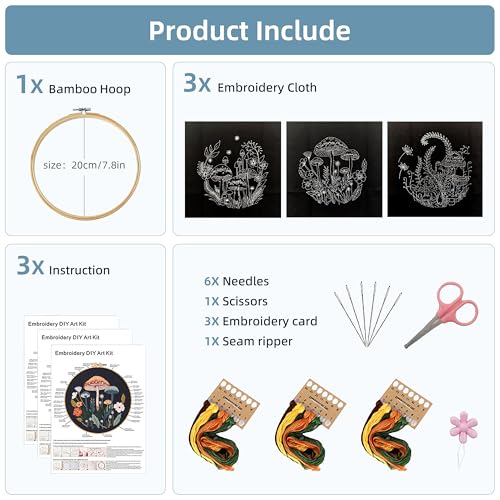 KEKEMEOW 3 Sets Embroidery Kit for Beginners, Stitches with Colorful Mushrooms Embroidery Stitch Practice kit for Adults Craft Lover, Cross Stitch Kit with Pattern、Instruction、Hoop - color: mushroom