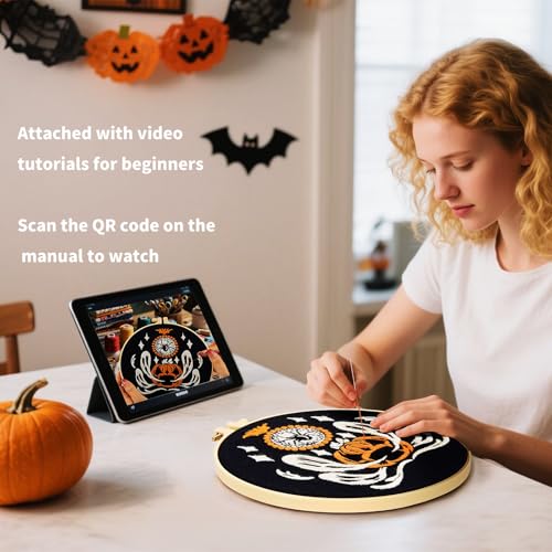 Halloween Embroidery Kits for Beginners Adults, Ghost Embroidery Starter Kits, Halloween Cross Stitch Kits for Beginners Adults Hobbies for Women, Embroidery Fabric, Threads, Hoops and Video Tutorial - color: H2010