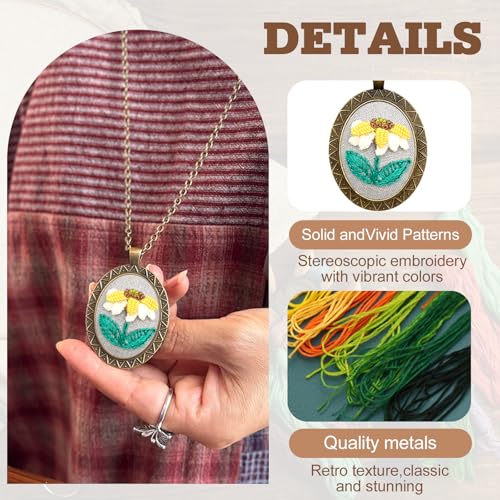ZOCONE New 4 Packs Embroidery Necklace Kits, Embroidery Pendant Kit Mini Cross Stitch Kit with Hoop, Necklace, Pendant, Stamped Pattern Cloth, Instructions, etc., Embroidery Kits for Adults - color: J