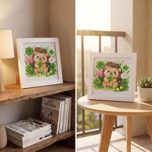 Hedgehog Clover Stamped Cross Stitch Kits for Beginners Adults with Framed - color: DKJ031
