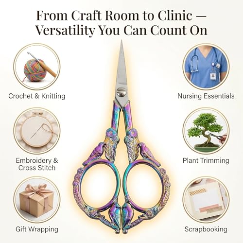 Crochet Scissors with Cover – Rainbow Vintage Small Embroidery Scissors, Sharp Craft Scissors for Yarn Thread Sewing Needlework, Cute Bird Design Gift for Crocheter Quilter, 4.6 Inch - color: Rainbow