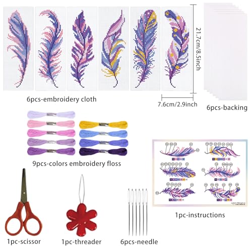 ORIGACH 6 Pack Feather Cross Stitch Bookmark Kit - style: Feather