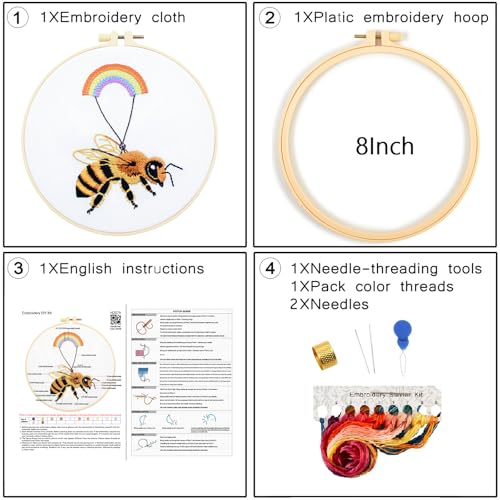 Crafmanoe Cute Bees Embroidery Kits for Beginners Adults, Hand Embroidery Starters Kits, Stamped Cross Stitch Kits DIY Needlepoint Kits for Beginners Adults, Embroidery Hoop, Thread and Video Tutorial - color: H2079