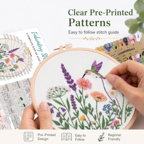 Nuberlic Embroidery Kit for Beginners, 3 Pack Floral Stamped Embroidery Starter Kit with Hoop, Pre Printed Flower Patterns, Threads, Needles and Step by Step Instructions, DIY Needlework Gift - color: flower