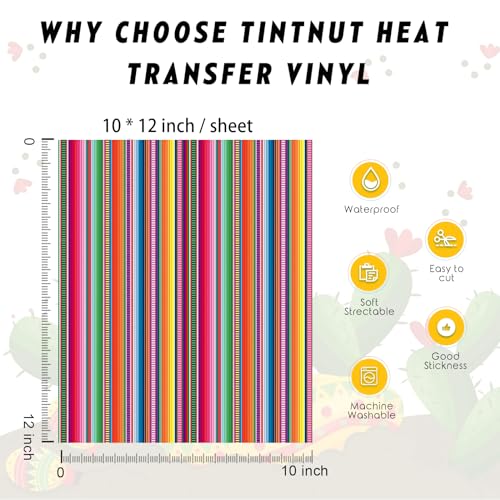 Tintnut Mexican Serape Heat Transfer Vinyl,10 Pcs 12×10in Iron on Vinyl - color: Rainbow Mexican