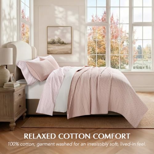 EVERGRACE 100% Cotton Cross Stitch 3-Piece Quilt Set, Queen, Ballet Pink - color: Ballet Pink, size: Full/Queen (92" X 96")
