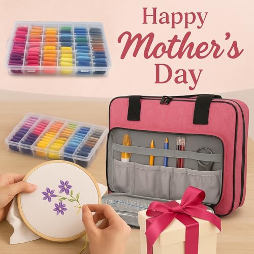 ATTERET Embroidery Cross Stitch Starter Kit, 108 Threads, 3 Hoops, Pink - color: Pink