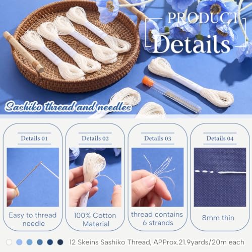 Zeyune 12 Pcs Sashiko Thread Kit with Needles, White, 100% Cotton 20m Each - color: White