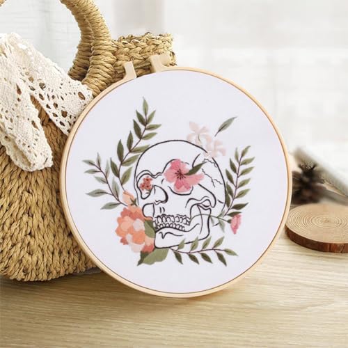 Yangshine 2 Sets Human Anatomy Embroidery Kit for Beginners,Flower with Skull Patterns Cross Stitch Kits,Including Embroidery Hoops, Fabric,Color Threads,Needles,Instructions and Tool Kit - color: Multicolor