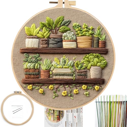 FONNUY Green Plant Embroidery Kit, Petite Potted Plants Patterns, Cross Stitch Kits for Adults and Beginners, Handmade Crafts with Printed Pattern Set, Thread Needlework, 8'' Hoop (Green A01) - color: Green A01