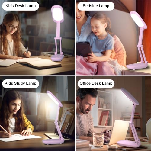 Akejrym LED Desk Lamp for Office Home & Battery Operated Lamp Rechargeable Lamp Foldable & Portable Light, [2-Fold Bracket] 3 Brightness Dimmable Small Desk Lamp Wireless Reading Lamp (Pink) - color: Pink