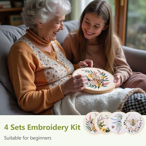 Santune 4 Pack Embroidery Kit for Beginners,Needlepoint Cross Stitch Kits for Adults,Needle Point Sets with Bee Flower Pattern Stitch Video Tutorial - color: Bee & Flower Patterns