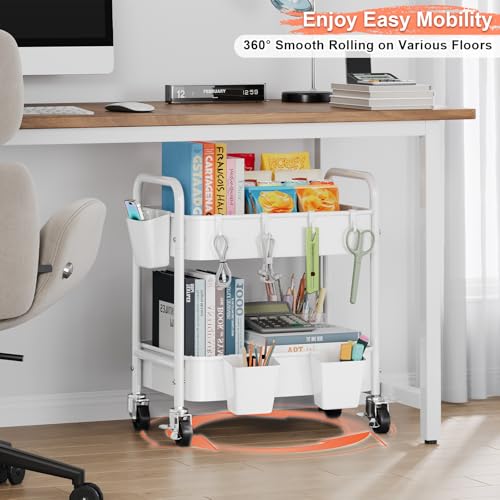 2 Tier Small Rolling Cart Metal with Wheels, White Under Desk Storage Carts - color: Light White, size: 2 Tier + Cups + Hooks