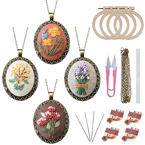 ZOCONE 4 Packs Embroidery Necklace Kits, Embroidery Pendant Kit Mini Cross Stitch Kit with 4 Hoops, Necklace, Pendant, Stamped Pattern Cloth, Instructions, etc., Embroidery Kits for Adults - color: 4 Packs-B