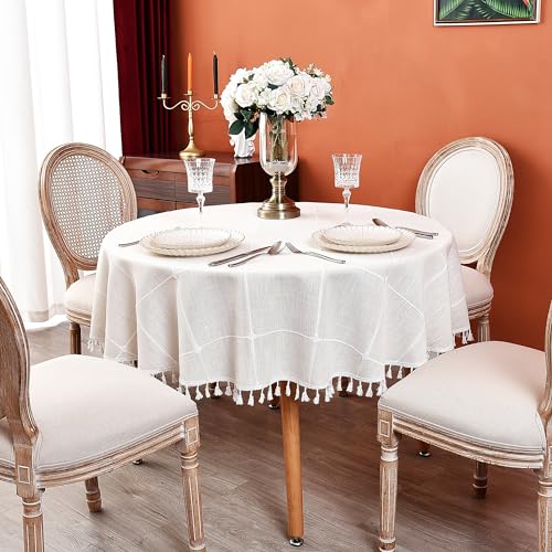 Plaid Round Tablecloth 60 Inch Cotton Linen Round Table Cloth - color: Off-white, size: 60" (Round)