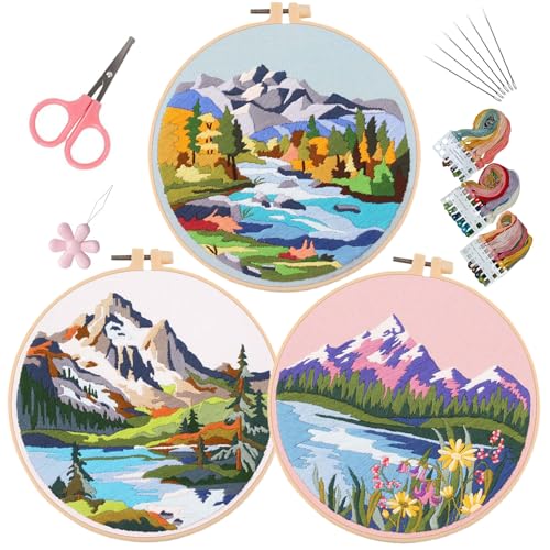 EOBTAIN 3 Sets Embroidery Kit for Beginners Adults Mountain Scene Hand Stamped Embroidery Practice Kits Cross Stitch Set with Embroidery Hoop,Needles and Threads,DIY Gifts at Home Embroidery Kit - color: Mountain