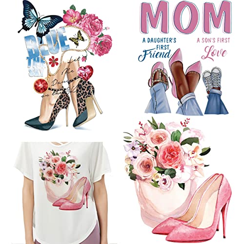 Flower Iron on Decals Patches Mother’s Day Iron on Transfers Sticker Floral High Heels Butterfly Design Washable Hot Heat Transfer Vinyl Stickers T-Shirt Backpacks Families Clothing DIY Applique