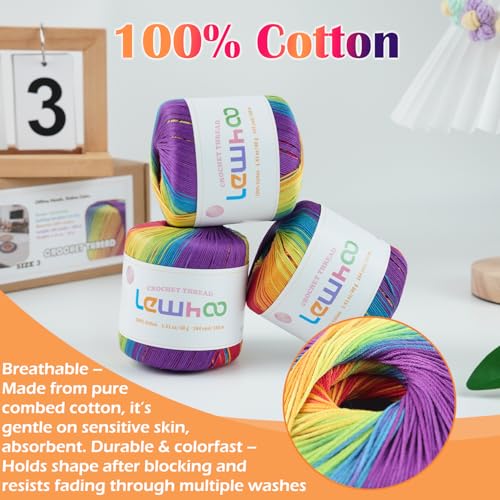 Crochet Thread Size 3, 3 Pack 100% Cotton Lace Yarn Set Rainbow - color: Rainbow