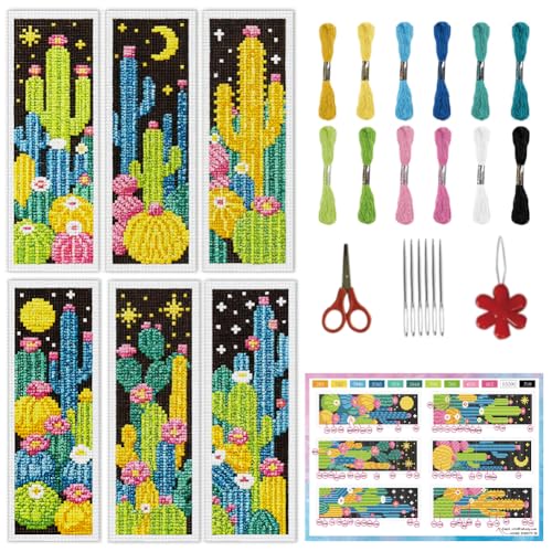 INFUNLY 6pcs Dark Cactus Cross Stitch Bookmark Kit for Beginners DIY Cactus Grove Embroidery Bookmark Kits Night Plants Needlepoint Kit with Instruction Easy Cross Stitch Set for Book Lovers Readers - style: Cactus Jungle