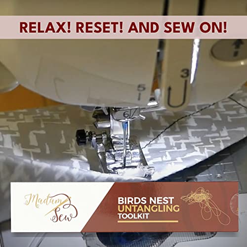 Madam Sew Birds Nest Untangling Tool Kit – Thread Hook and Stitch Releaser Set with Spare Blade Resolves Thread Bunching Under Fabric and Embroidery Hoops – Long Steel Quilting and Sewing Tools