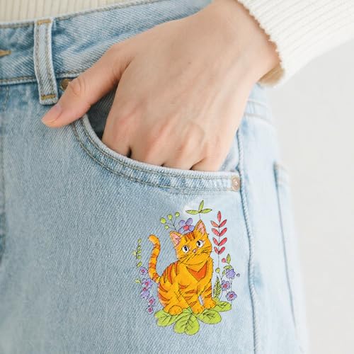 ORIGACH 4 Sheets Water Soluble Embroidery Patterns Stabilizers - Pre-Printed Cat & Flower Designs - Stick & Stitch Embroidery Paper for Hand Sewing Lovers - color: Cat & Flower