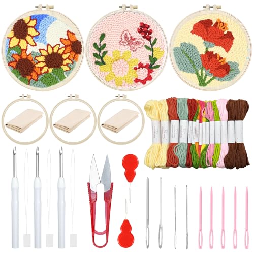 Woohome Punch Needle Kit Included Plastic Hoops, Punch Needle Cloth, Color Yarn and Punch Needle Tools for Adults, Beginners (Sunflowers, Butterflies and Flowers) - color: Color 19
