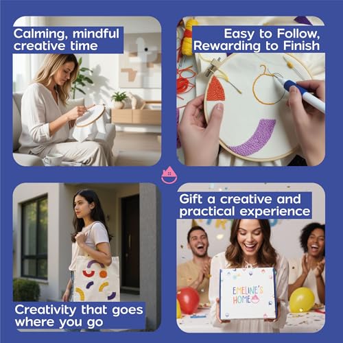EMELINE'S HOME DIY Stitching Tote Bag Reusable - Punch Needle Kit - Punch Needle Kits Adults Beginner - Includes Printed Tote Bag, Tools, Yarn, Instructions and Video Tutorial
